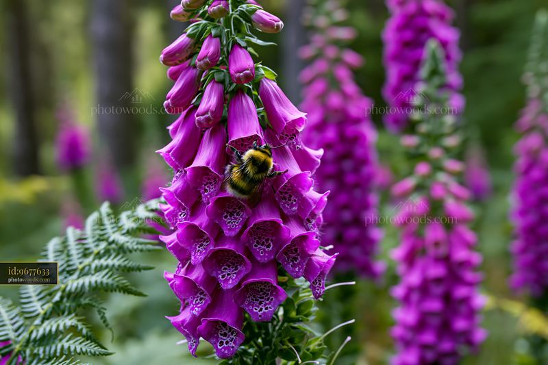 Foxglove flowers bloom in a woodland clearing with a bumblebee