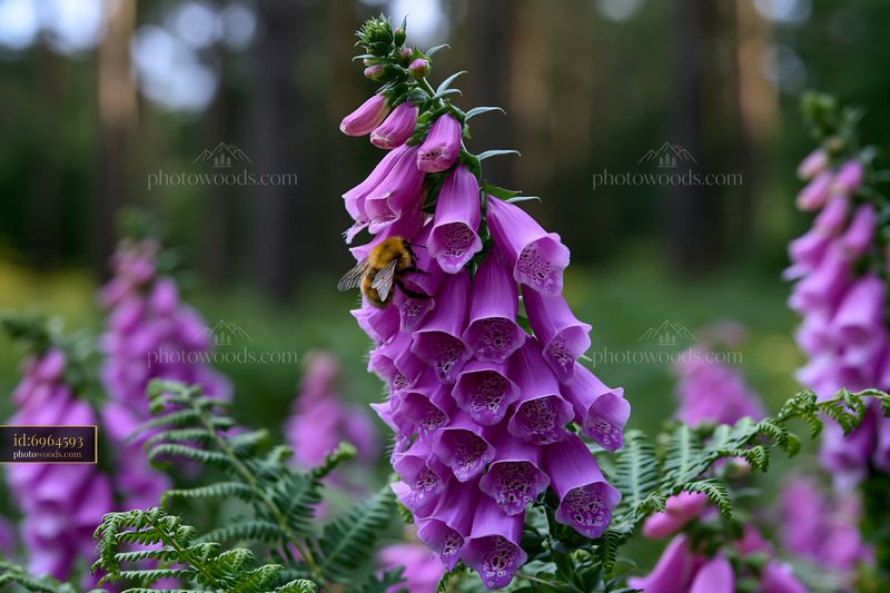 Foxglove flowers blooming in a woodland clearing with bee