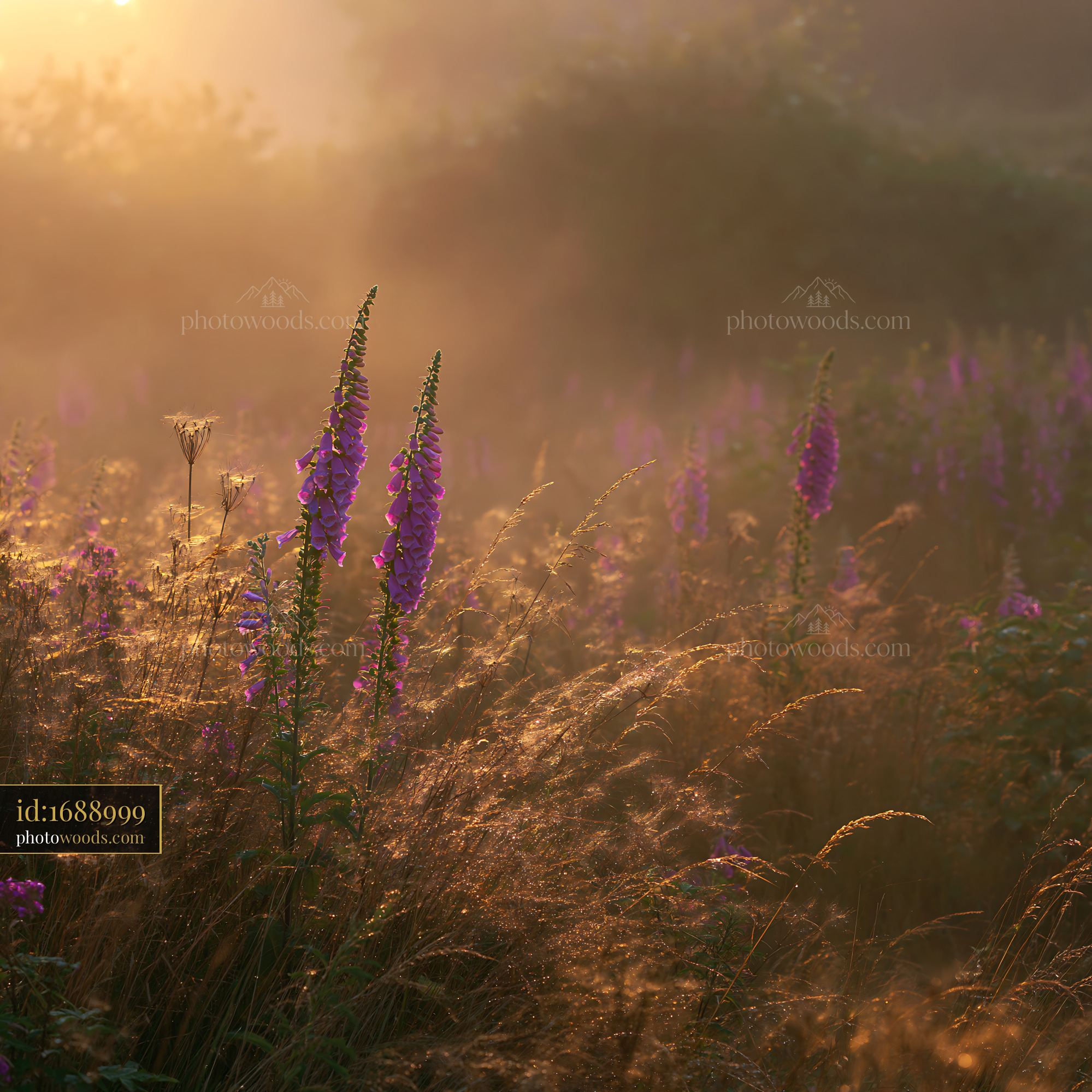 Foxglove Wildflowers Blooming at Sunrise in a Meadow