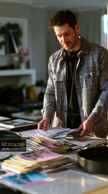 Freelancer Sorting Invoices and Brochures at Home Office