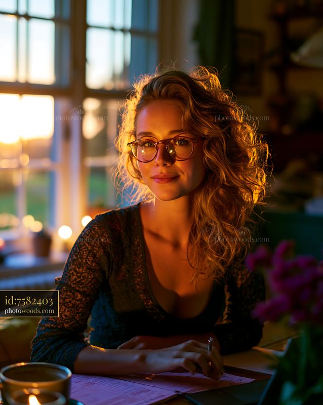 Freelancer Sorting Invoices at Wooden Table During Golden Hour