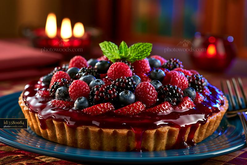 Fresh Berry Tart With Glossy Glaze and Mint on Blue Plate