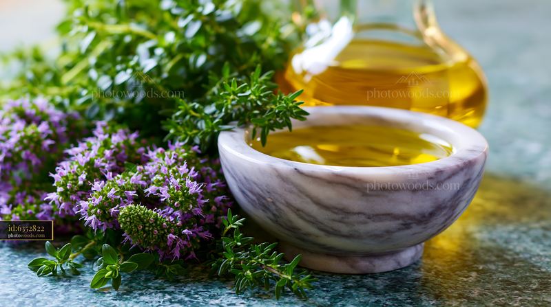 Fresh Herbs and Olive Oil on a Marble Surface