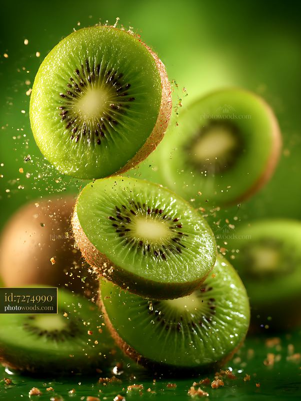 Floating kiwi slices with green background