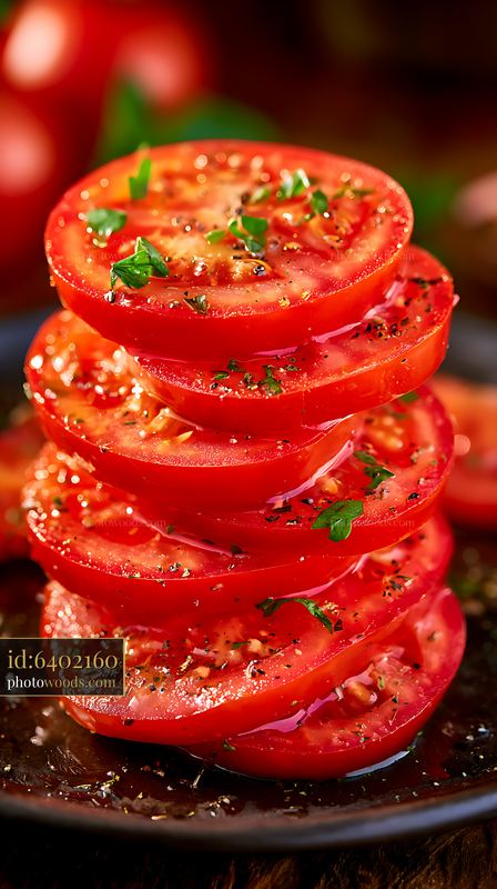 Sliced tomatoes stacked with herbs on a black plate