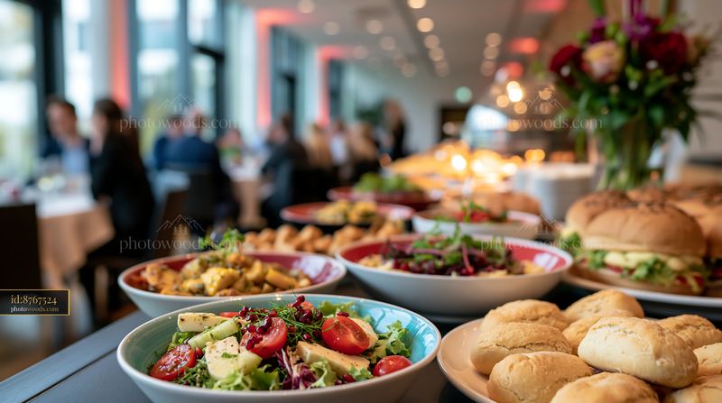 Buffet spread at a business conference with attendees dining