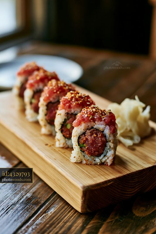 Spicy tuna roll served on a wooden platter in a restaurant