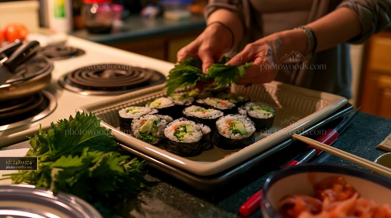 Sushi preparation with shiso leaves on a kitchen countertop