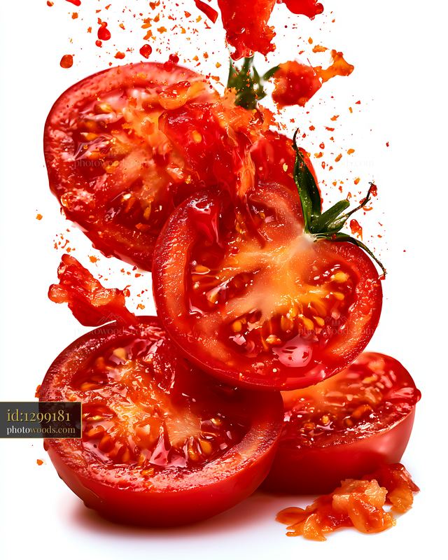 Tomato slices bursting with juice and seeds in dynamic splash
