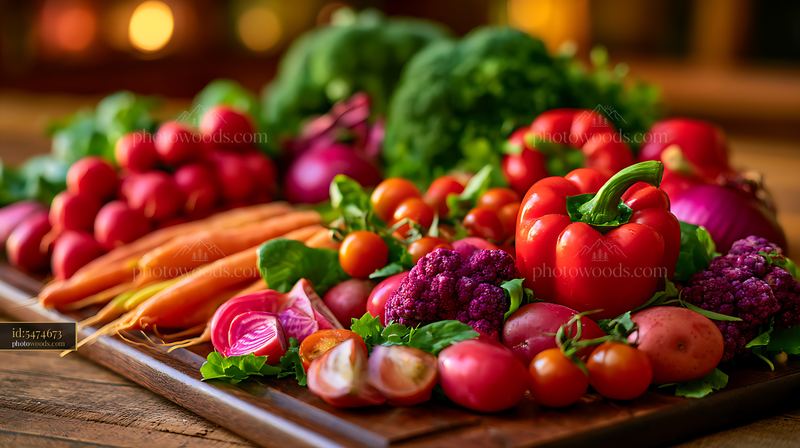 Fresh Vegetables Arranged on a Wooden Board in Warm Light