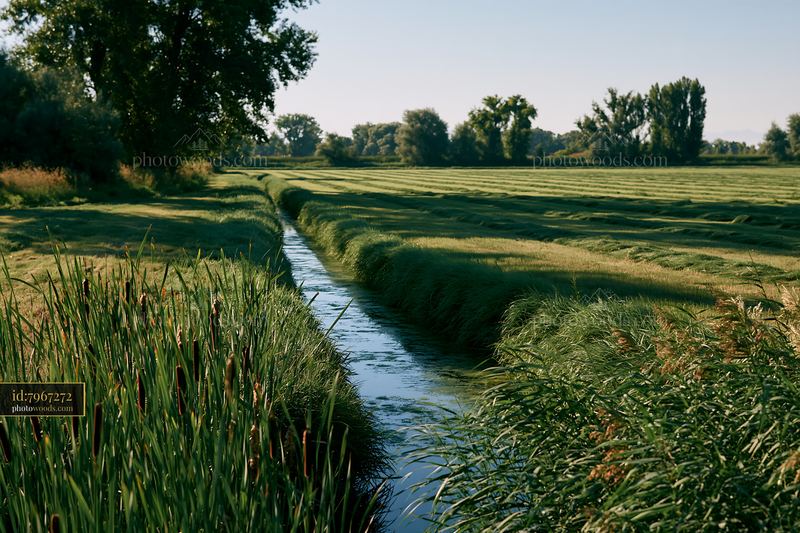 Freshly cut meadow rows with a stream and greenery nearby