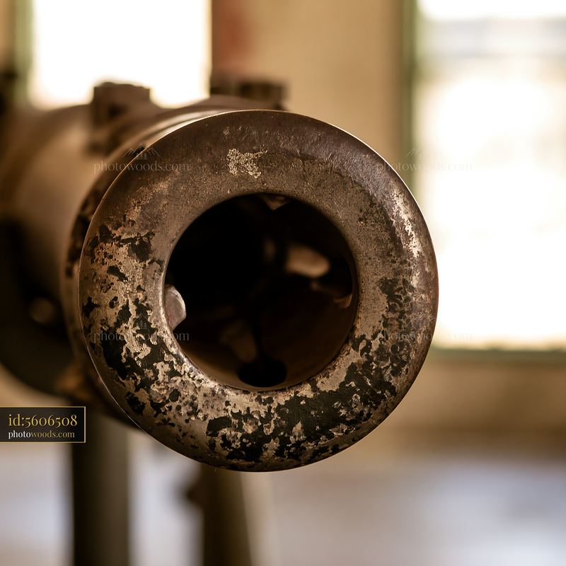 Close-up of a weathered tank gun barrel muzzle