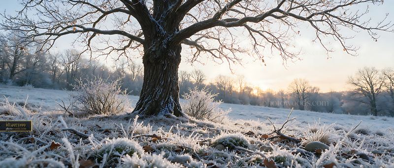 Meadow beneath an oak tree in winter with frost and sunlight