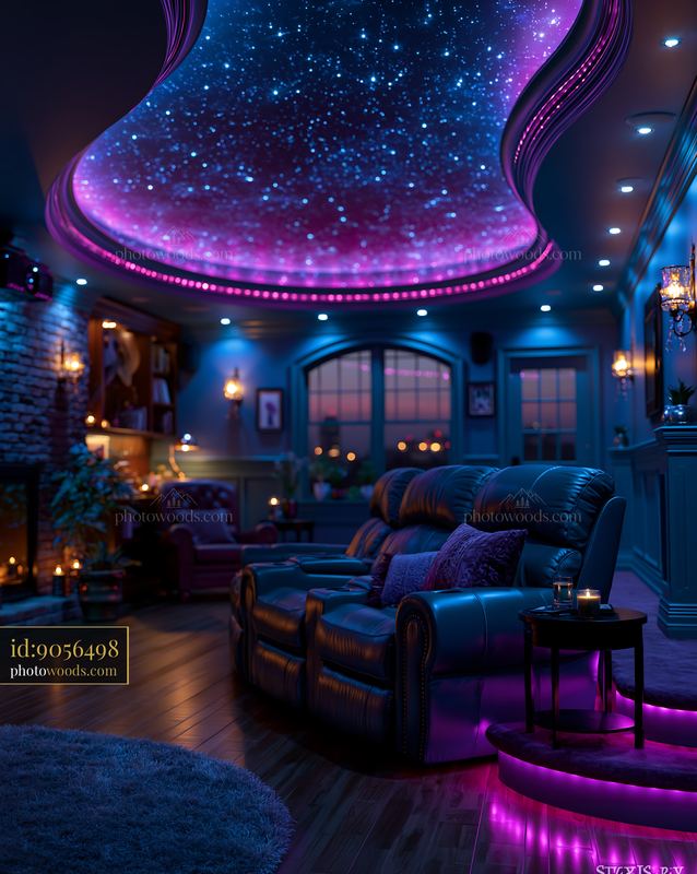 Futuristic Basement Theater With LED Lighting in Evening Setting