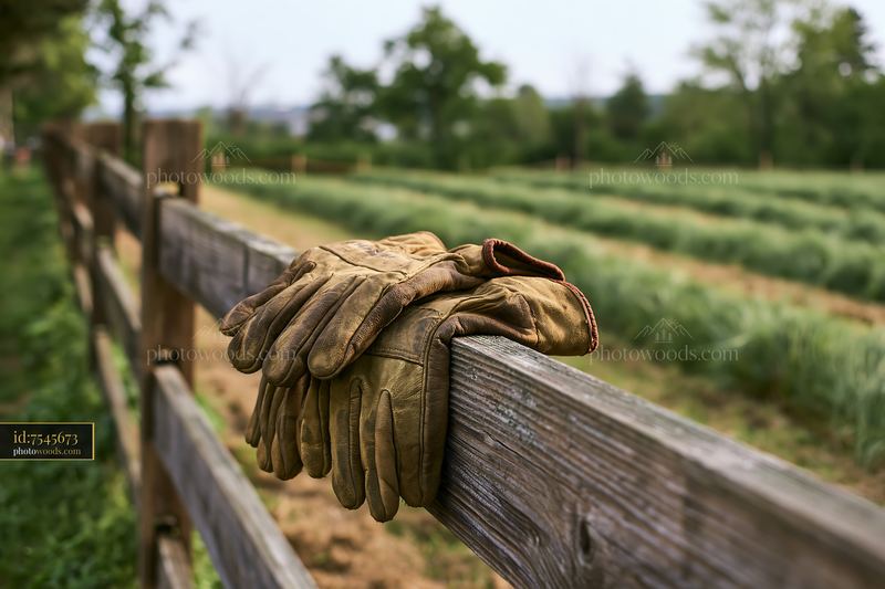 Freshly cut meadow rows with gardening gloves on a wooden fence