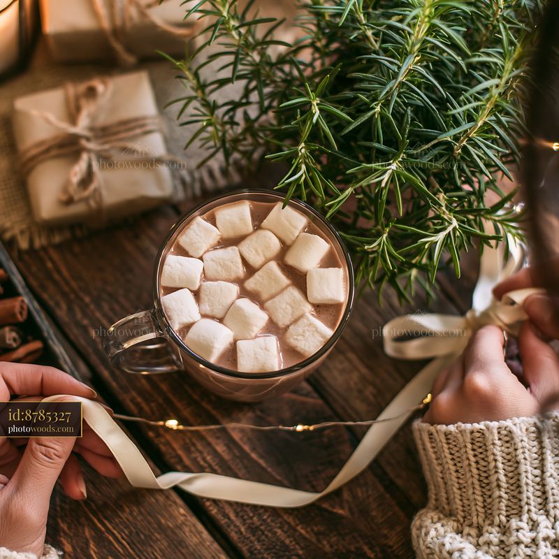 Warm cocoa with marshmallows beside an evergreen tree