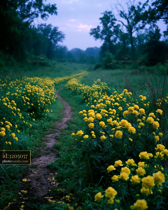 Globeflowers in Bloom Near a Winding Path in a Meadow