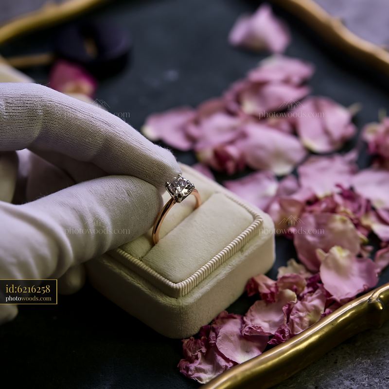 Engagement ring in velvet box with scattered pink flower petals