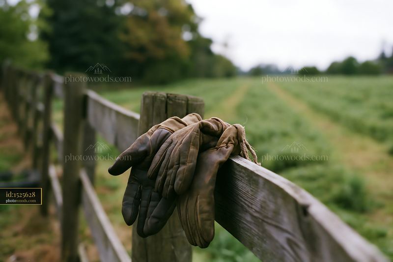 Gloves resting on a wooden fence near freshly cut meadow rows