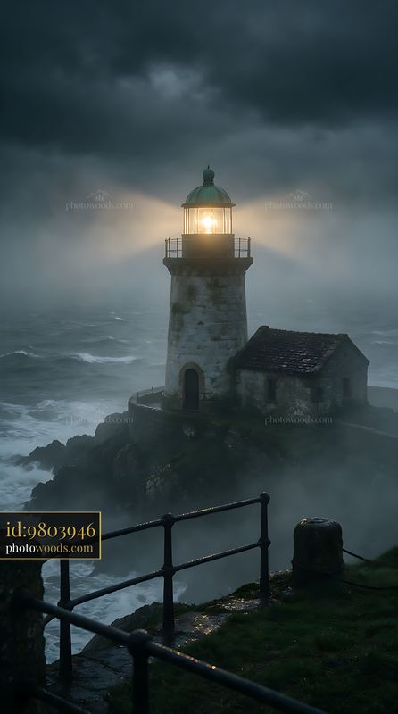 Lighthouse glowing above a stormy sea
