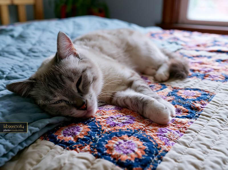 Sleeping cat resting on a colorful quilt at home