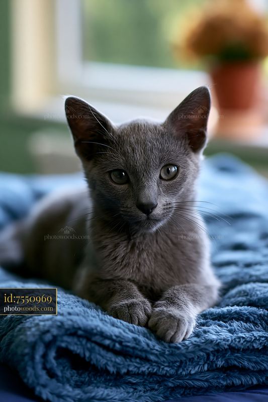 Gray kitten resting on a soft blue blanket