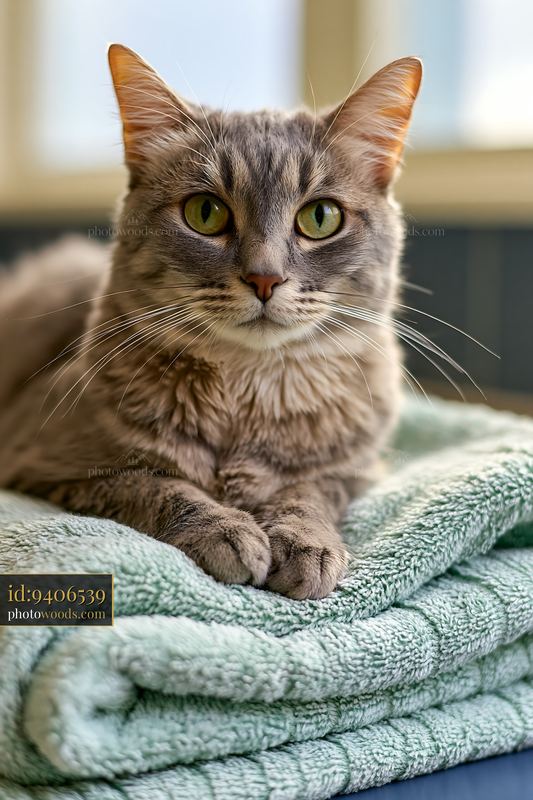 Minskin cat portrait resting on a soft blanket
