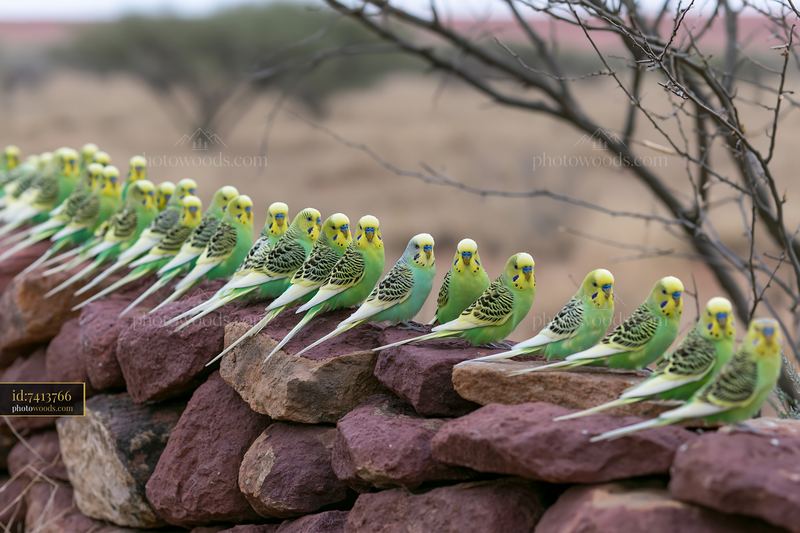 Budgerigar flock perched on rocks in a desert landscape