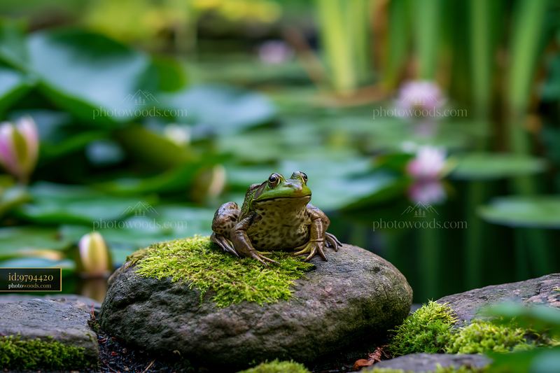 Green frog perched on a mossy stone beside a water lily pond