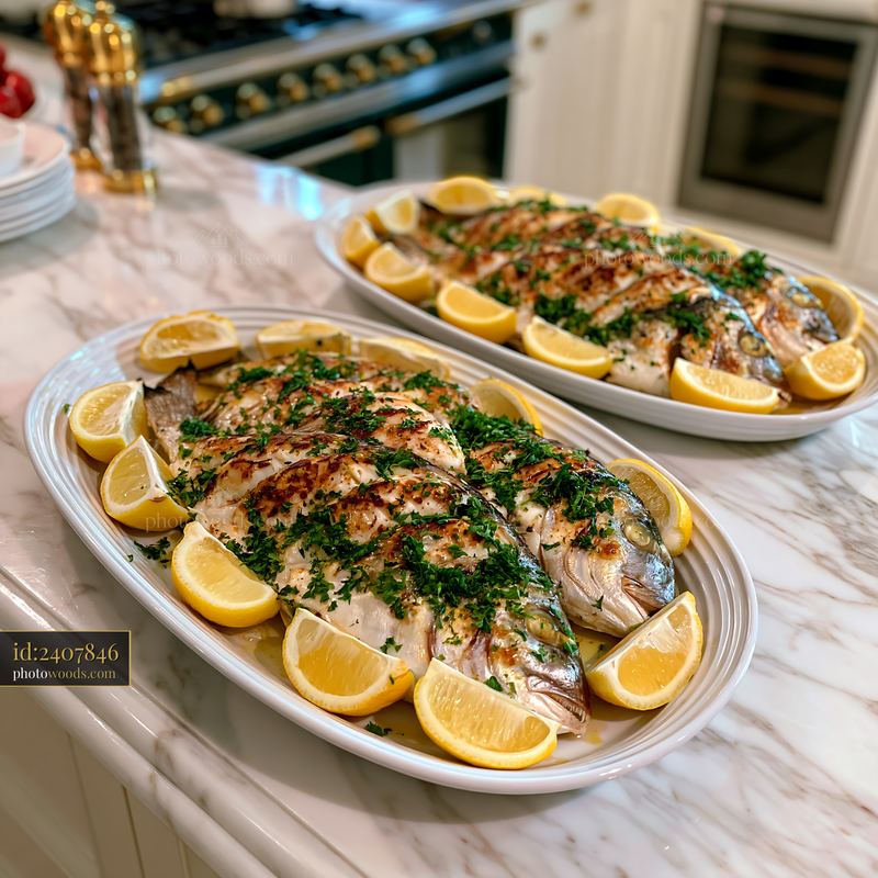 Opulent kitchen features festive serving platters of grilled fish
