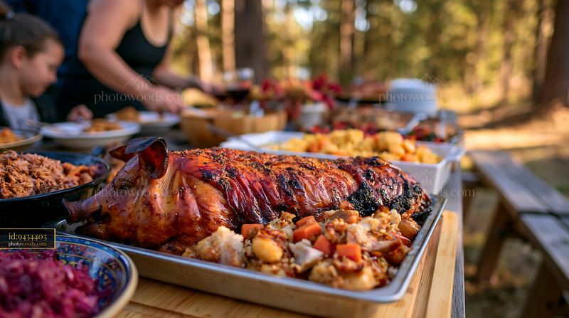 Festive gathering featuring traditional holiday roast pig