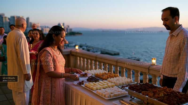 Rooftop buffet dinner with guests at sunset by the waterfront