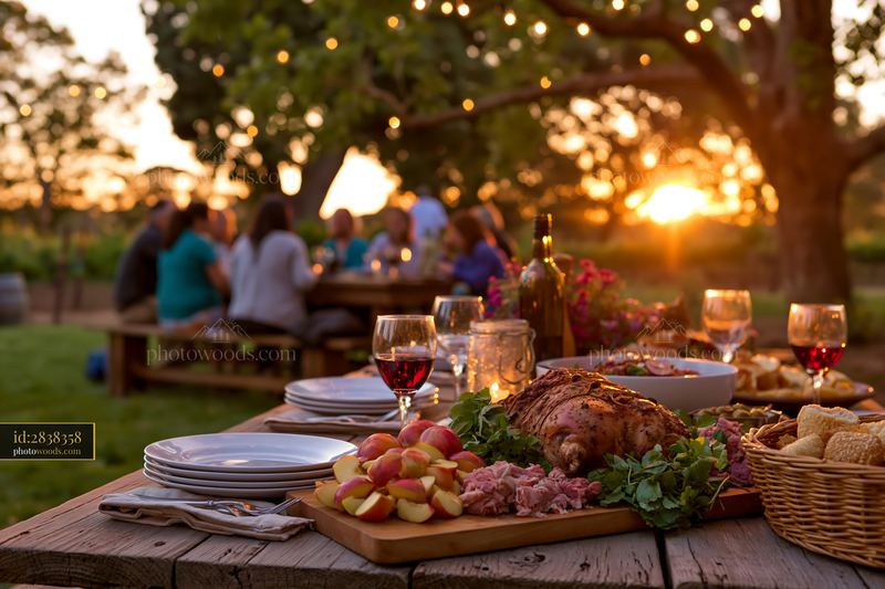 Whole roasted pig served at rustic feast with sunset backdrop