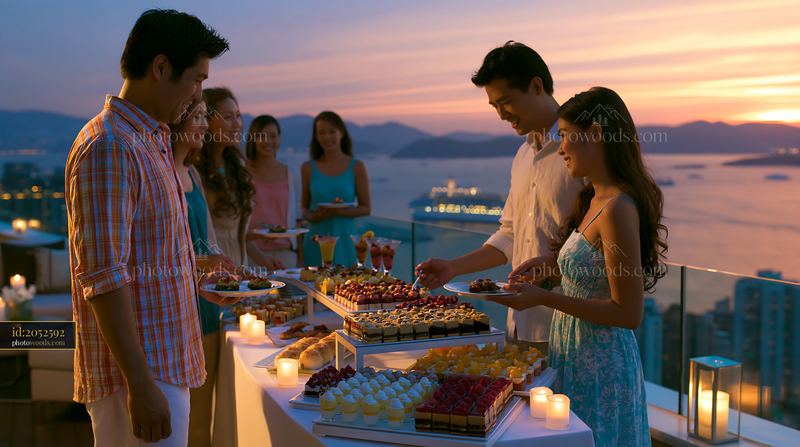 Rooftop buffet dinner at sunset with guests enjoying food