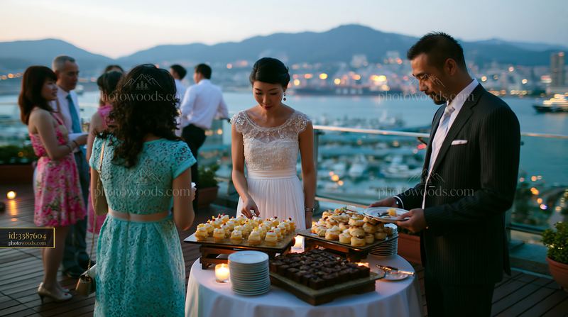 Rooftop buffet dinner with guests enjoying desserts and views