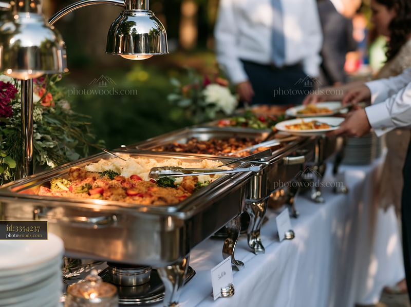 Catering buffet with a variety of dishes in outdoor setting