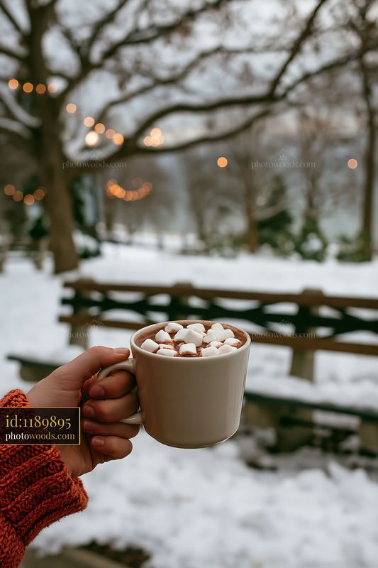 Hand holding marshmallow-topped cocoa in a snowy woodland