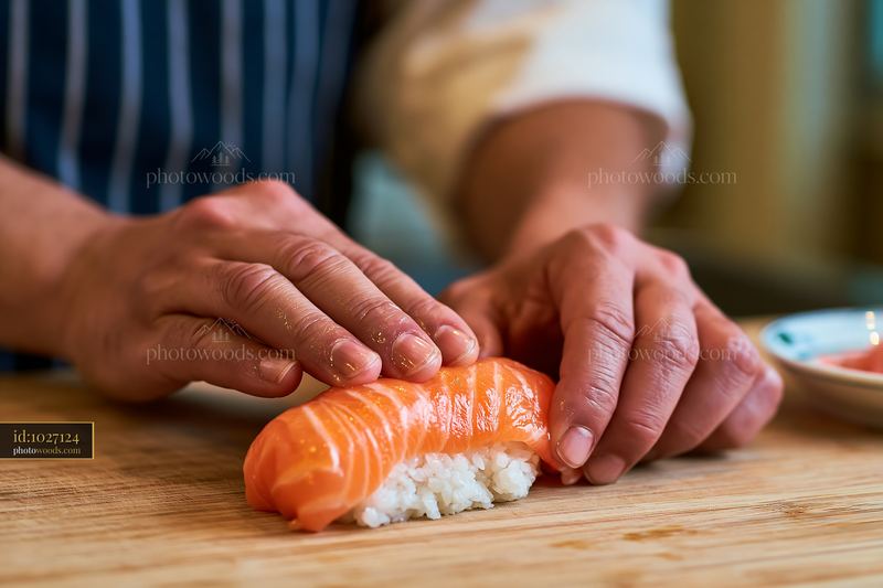 Handmade sushi being prepared with skilled hands in a kitchen