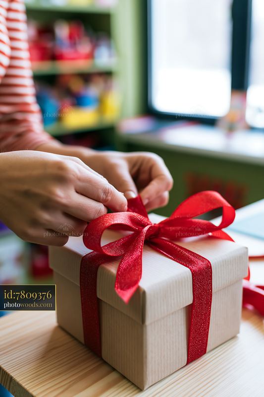 Hands tying ribbon around gift box on table in bright room
