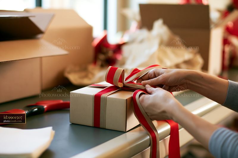 Hands tying ribbon around gift box on table in a wrapping area