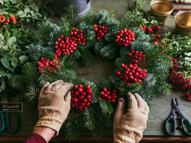 Pine wreath with red berries made by hands at a crafting table