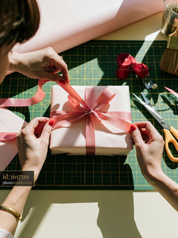 Hands tying ribbon around gift box on green cutting mat