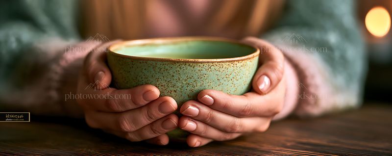 Hands Cradling a Warm Ceramic Mug on a Wooden Table