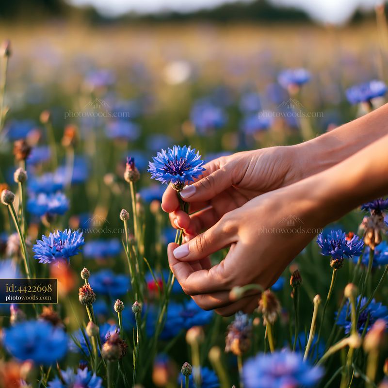 Hand gathering wild meadow flowers in a colorful field