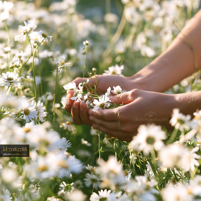 Hands gently holding daisies in a sunny wildflower meadow