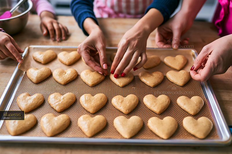 Heart-shaped cookies arranged on a baking tray in kitchen setting