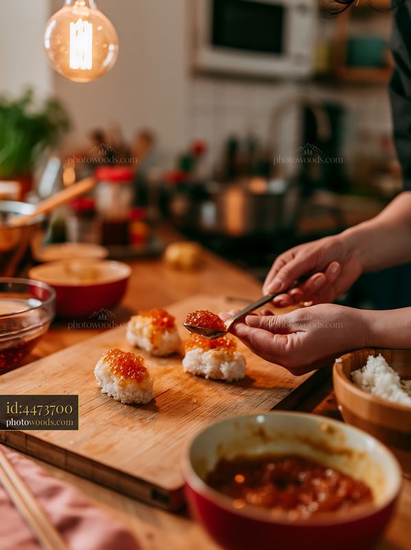 Hands placing roe on nigiri with preparation in a cozy kitchen