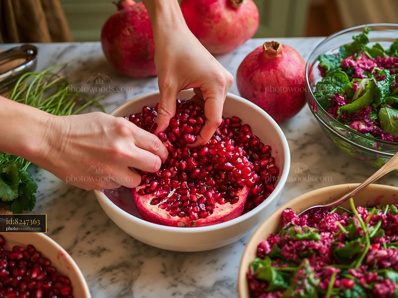 Hands preparing pomegranate salad for a Christmas dinner
