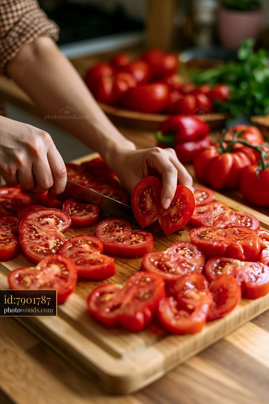 Slicing tomatoes on a wooden cutting board