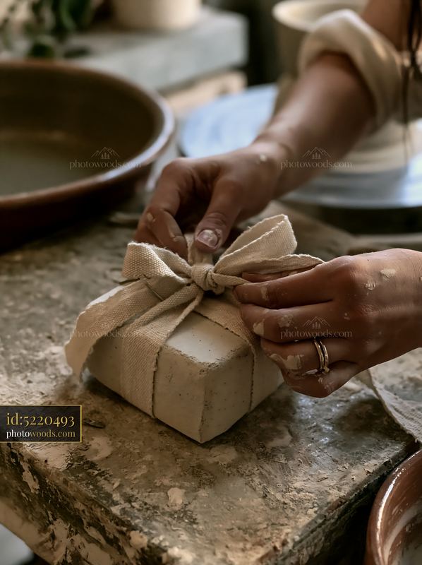 Hands tying a fabric ribbon around a handmade gift box